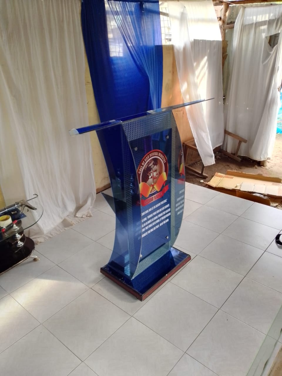 Blue Acrylic Church Pulpit with Custom Logo Panel