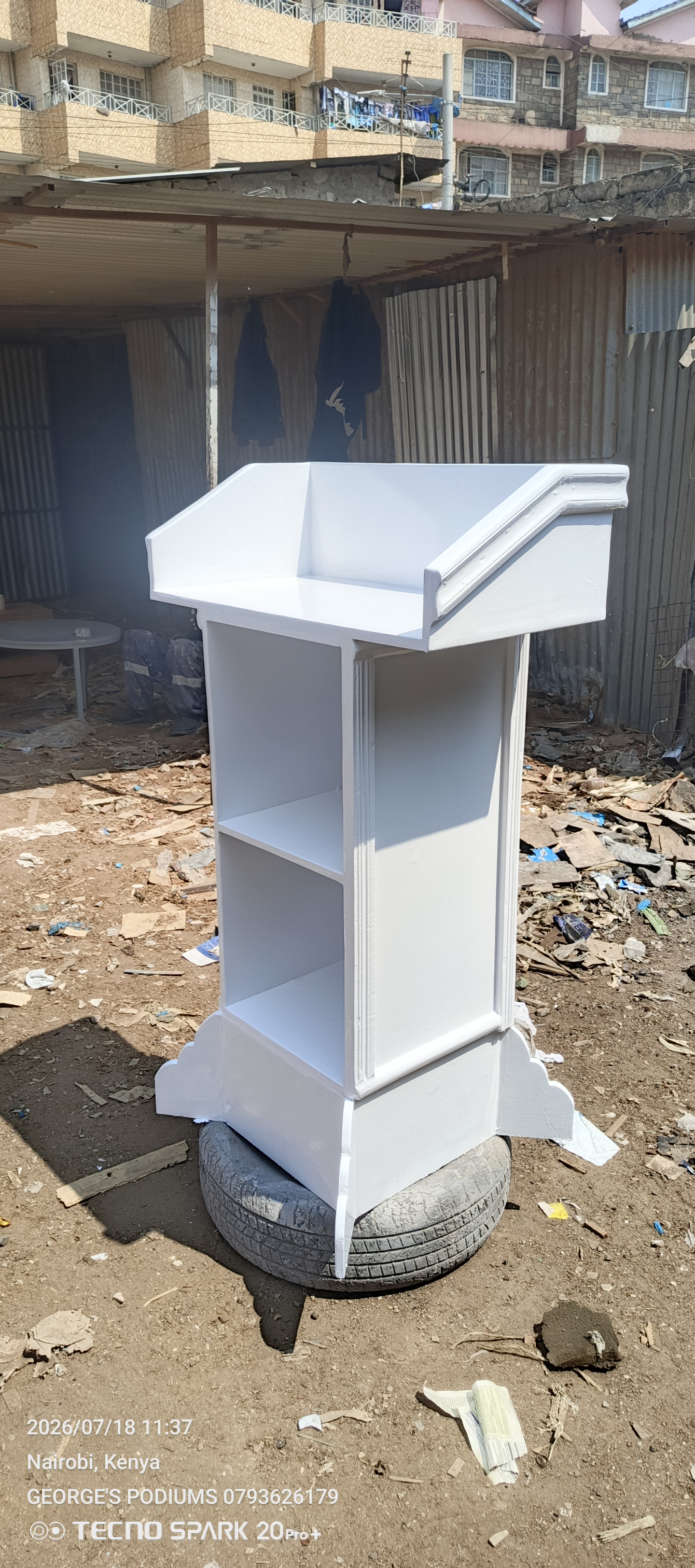 Classic White Wooden Church Pulpit with Storage Shelves