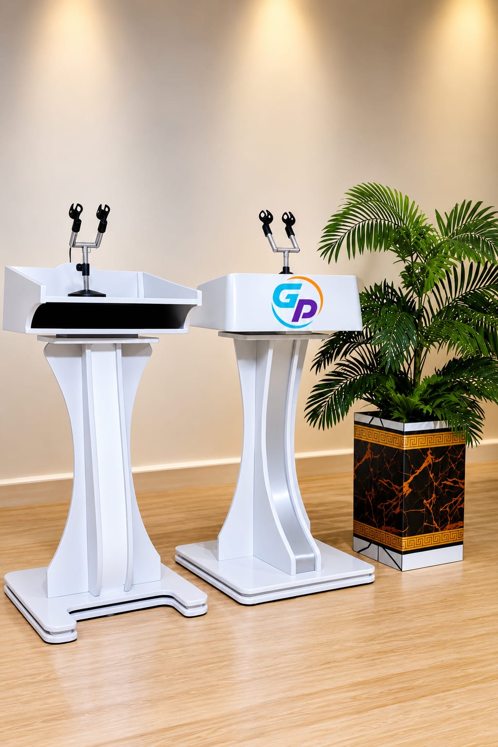 Modern White Conference Podiums with Dual Microphone Holders