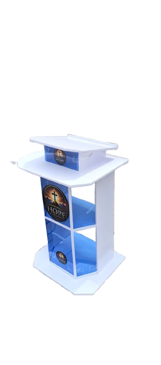 White and Blue Acrylic Church Pulpit with Hope Cross Design