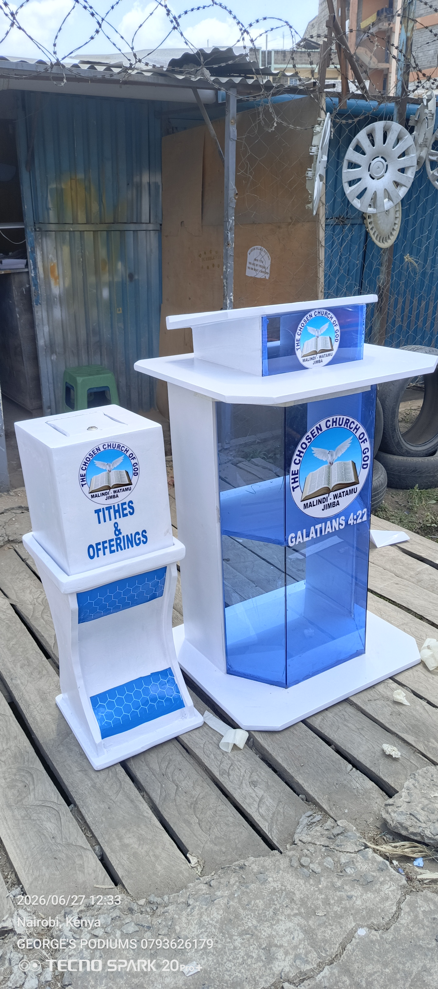 White and Blue Church Pulpit with Tithes & Offerings Box