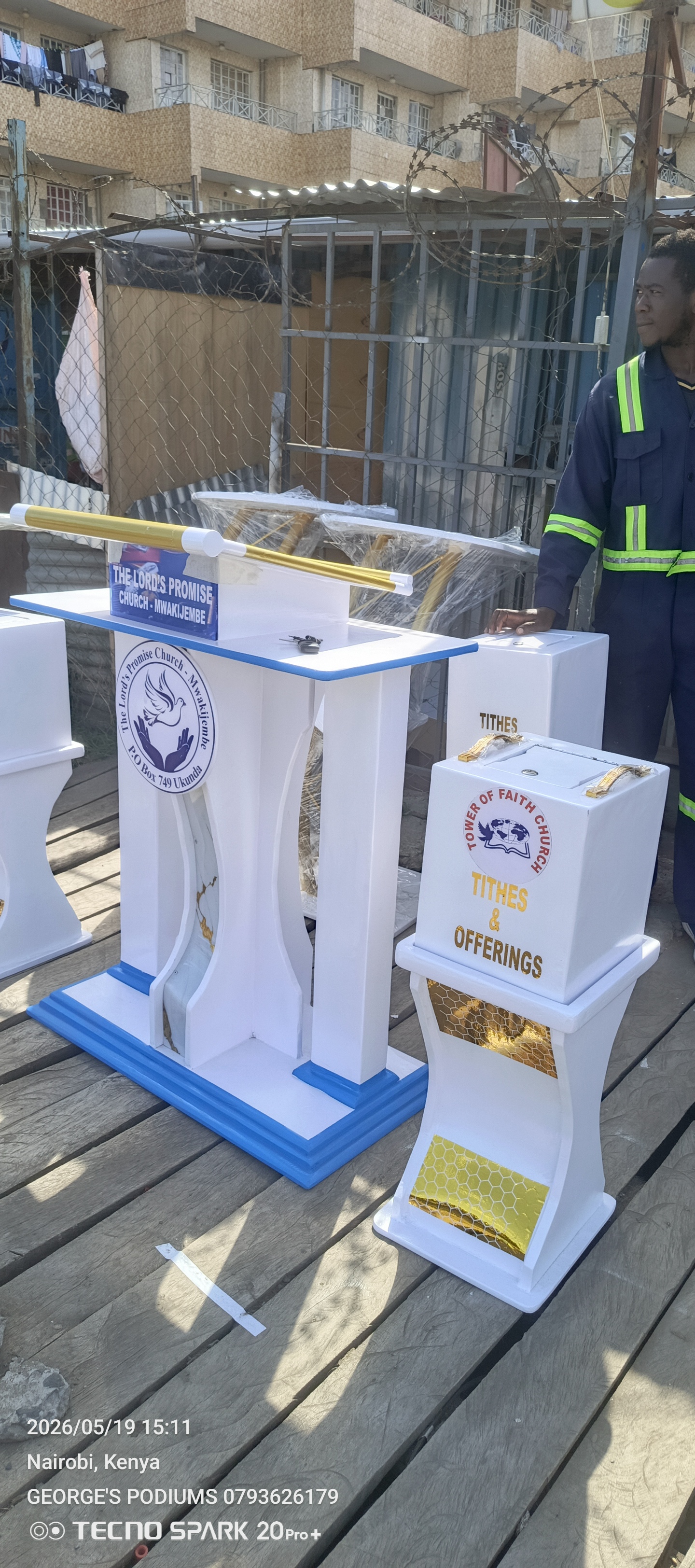 White and Blue Church Pulpit with Tithes & Offerings Box